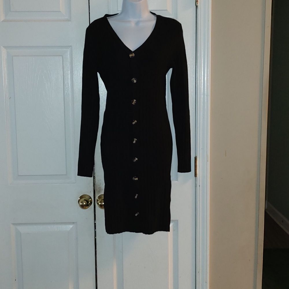 Shein faux button down ribbed sweater dress holiday party night out fitted Sz L